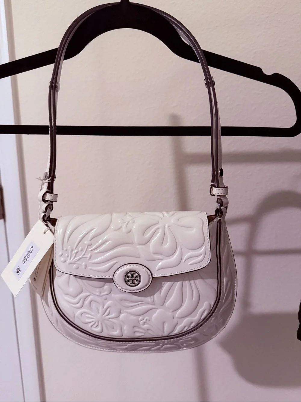 Tory Burch White Embossed Floral Leather Shoulder Bag